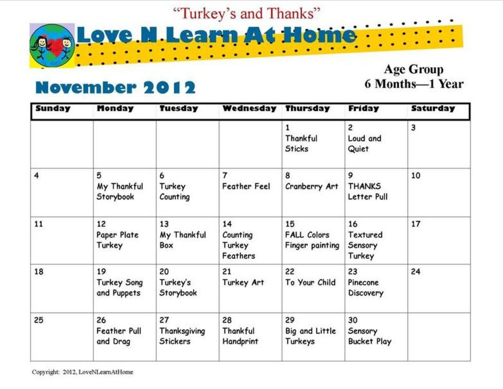 November Lesson Plan themes November Infant Curriculum Calendar