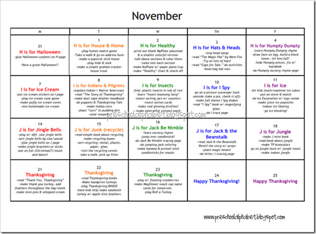 November Lesson Plan themes Preschool Alphabet Preschool Plan for November