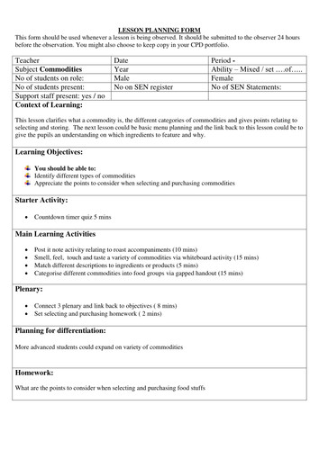 Nutrition Lesson Plans Gcse Food and Nutrition Modities Lesson Plan
