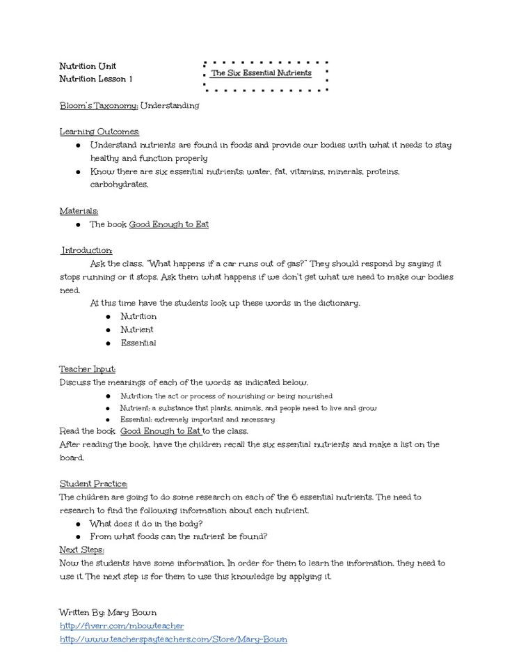 Nutrition Lesson Plans the Six Essential Nutrients Lesson Plan and Worksheet by
