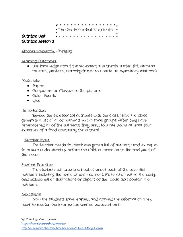 Nutrition Lesson Plans the Six Essential Nutrients Lesson Plan and Worksheet