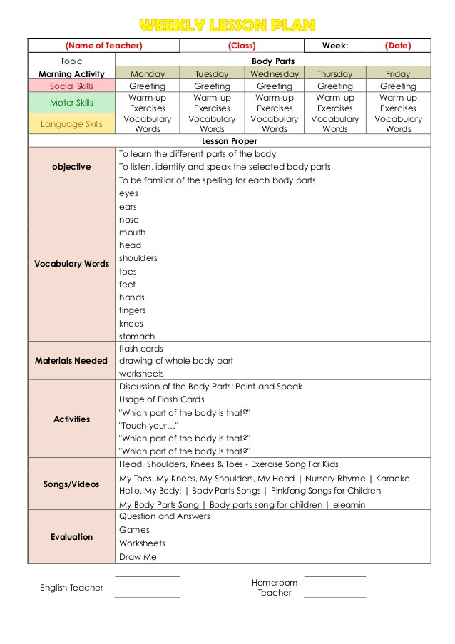 Parts Of Lesson Plan Weekly Lesson Plan Body Parts