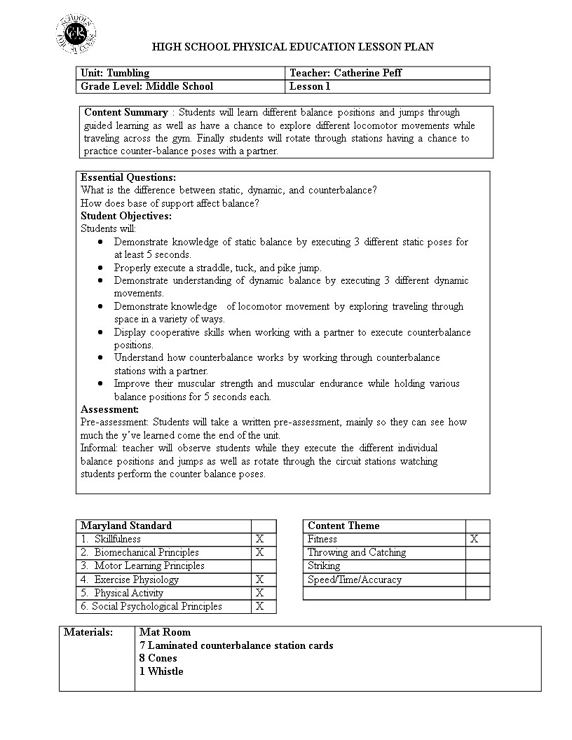 Physical Education Lesson Plan Template Elementary Physical Education Lesson Plan