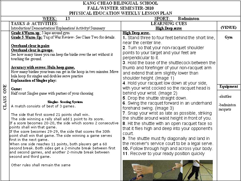 Physical Education Lesson Plans Physical Education Department Pe Weekly Lesson Plans