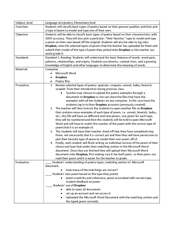 Poetry Lesson Plans Classic Poetry Lesson Plan for 5th Grade