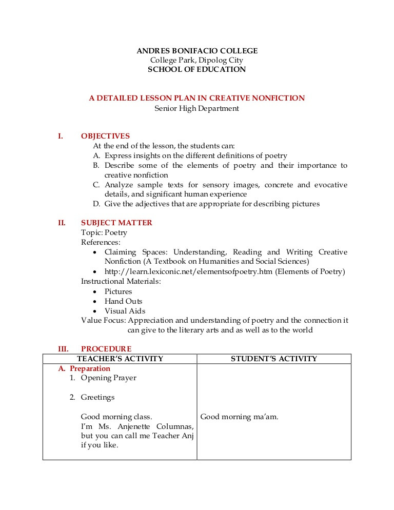 Poetry Lesson Plans Detailed Lesson Plan Creative Nonfiction Poetry