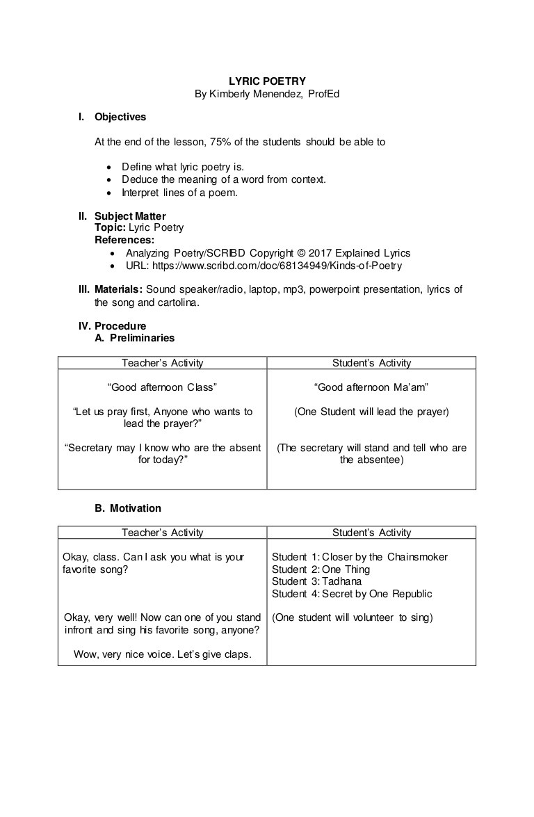 Poetry Lesson Plans Lesson Plan for Lyric Poetry