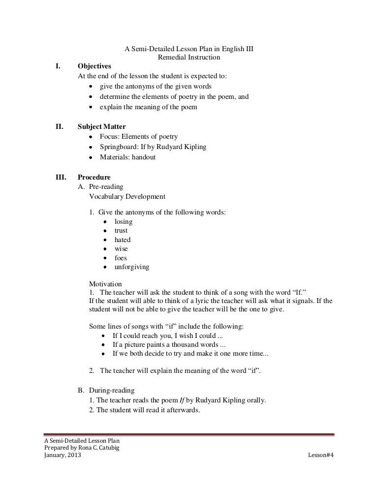Poetry Lesson Plans Semi Detailed Lesson Plan On Elements Of Poetry