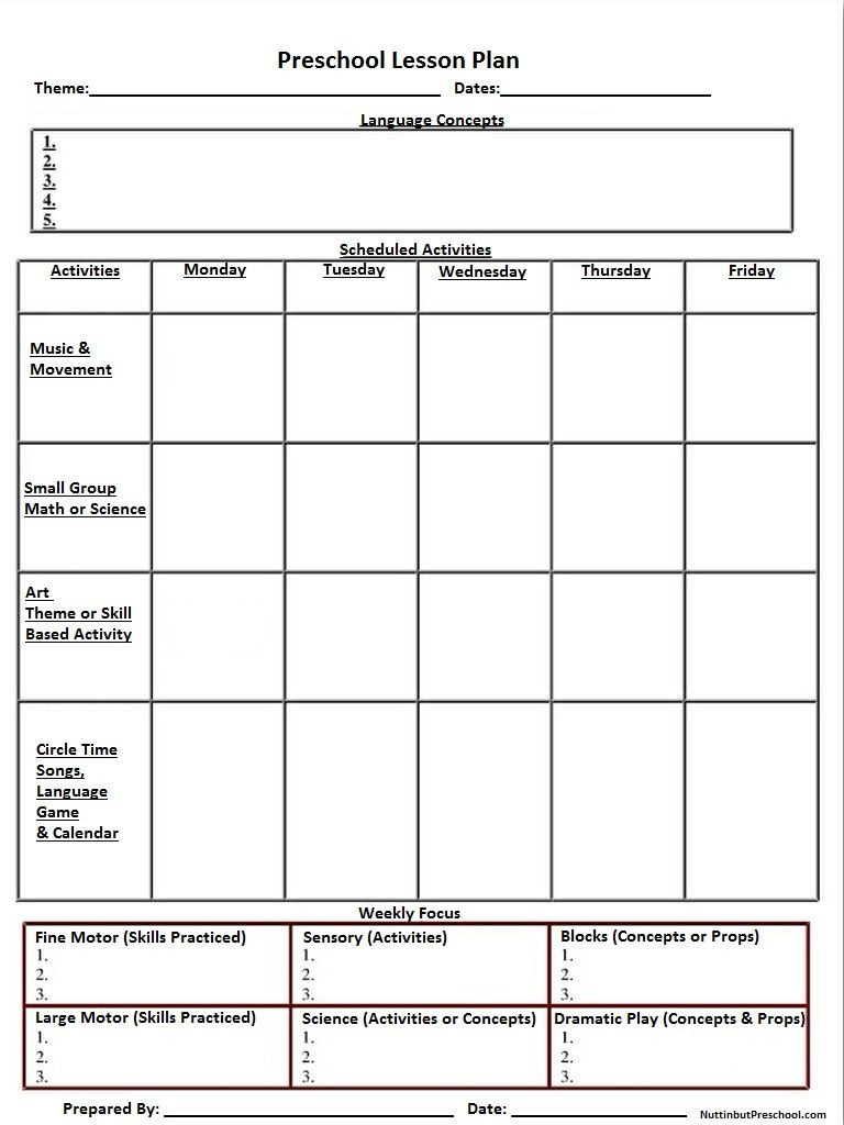 Preschool Daily Lesson Plan Blank Preschool Weekly Lesson Plan Template