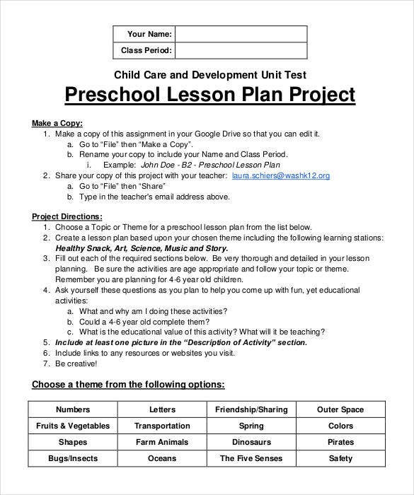 Preschool Lesson Plan Example 22 Preschool Lesson Plan Templates Doc Pdf Excel