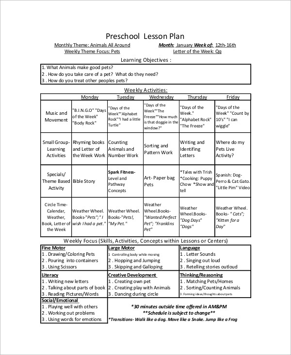 Preschool Lesson Plan Example Free 9 Sample Preschool Lesson Plan Templates In Ms Word