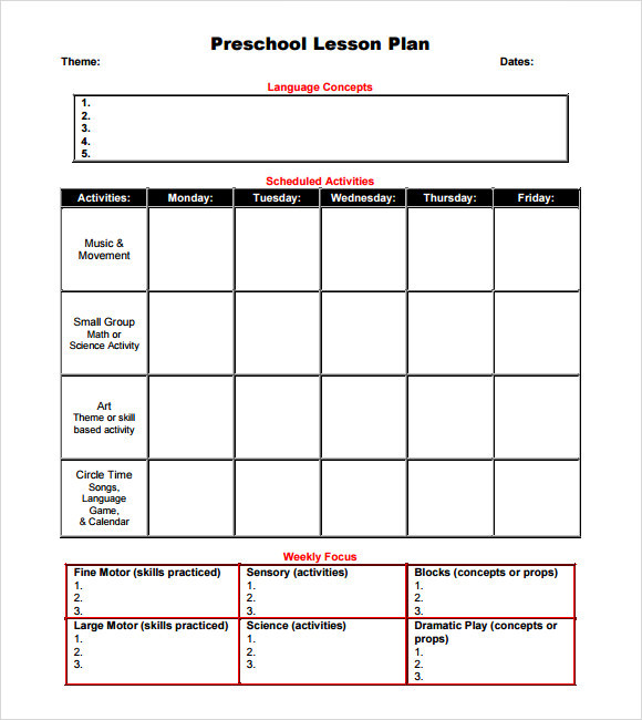 Printable Preschool Lesson Plan Template 10 Sample Preschool Lesson Plans