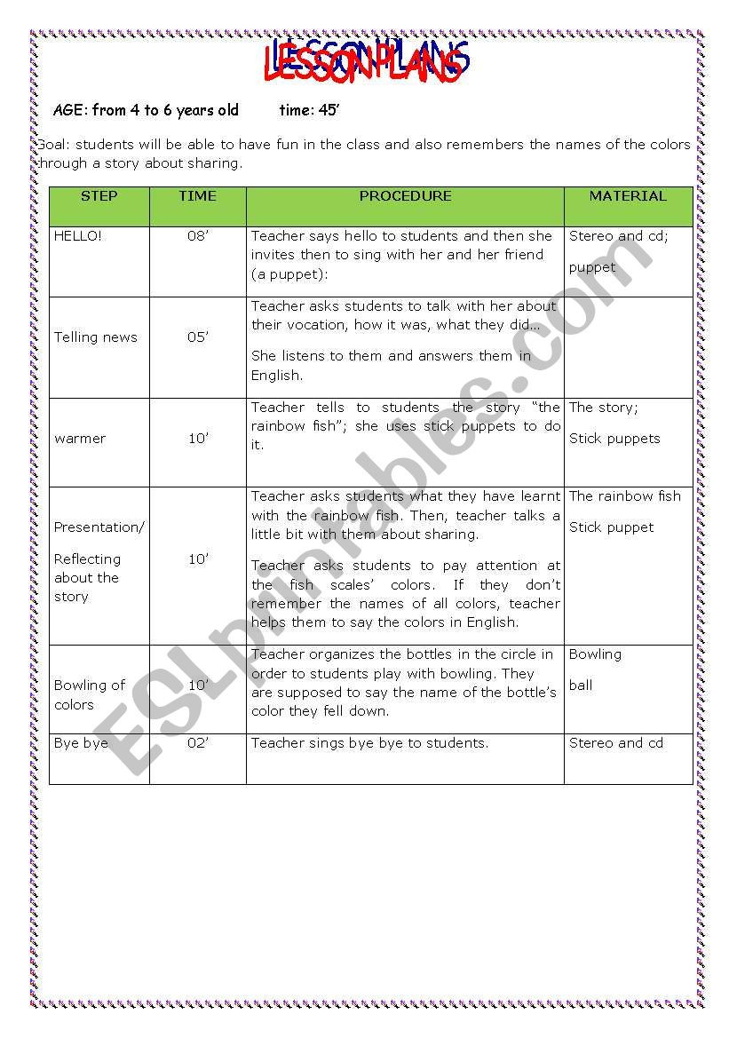 Rainbow Fish Lesson Plans English Worksheets the Rainbow Fish Colors and Sharing