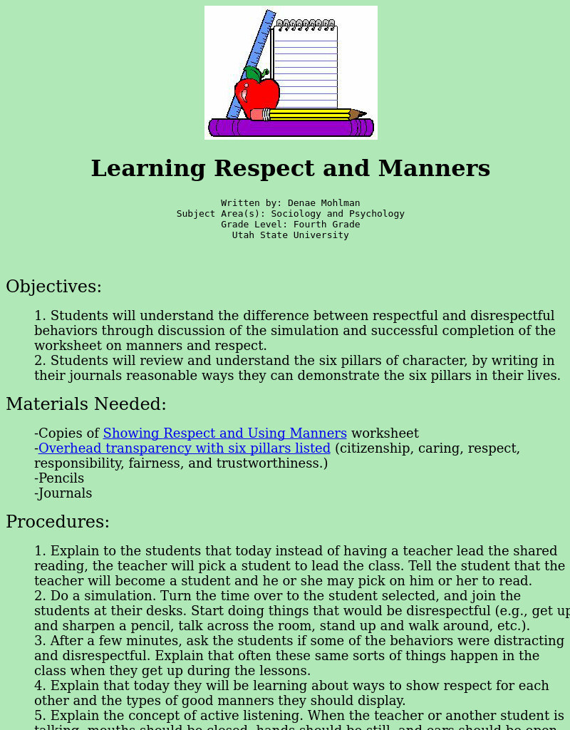 Respect Lesson Plans Learning Respect and Manners Lesson Plan for 4th Grade