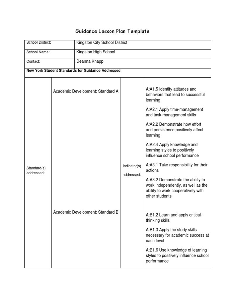 School Counseling Lesson Plans Guidance Lesson Plan Template 1