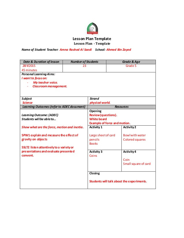 Science Lesson Plan Template Lesson Plan 2 Science
