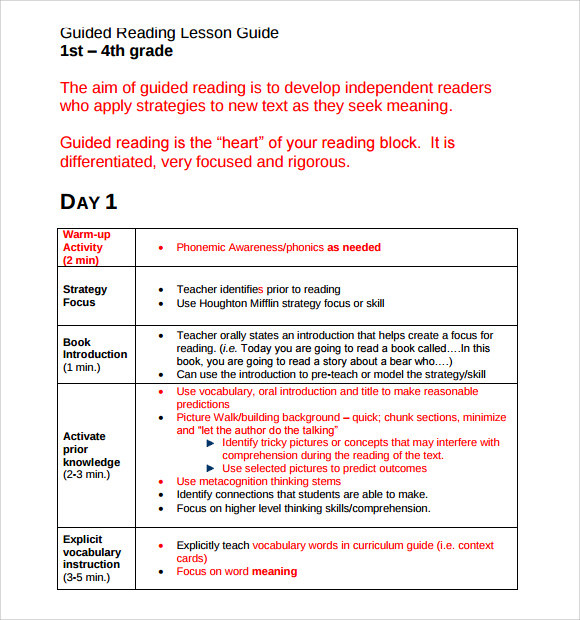 Second Grade Lesson Plans Free 8 Sample Guided Reading Lesson Plan Templates In Pdf