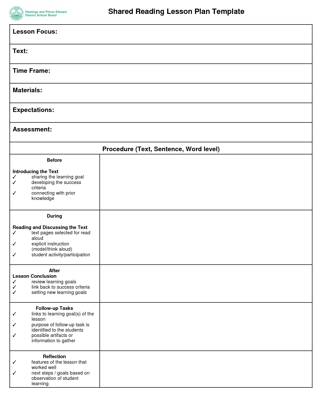 Shared Reading Lesson Plan D Reading Lesson Plan Template