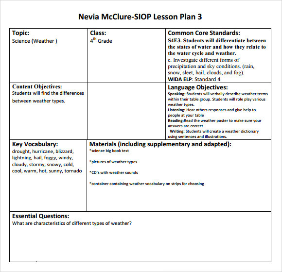 Siop Lesson Plan Examples Free 9 Sample Siop Lesson Plan Templates In Pdf