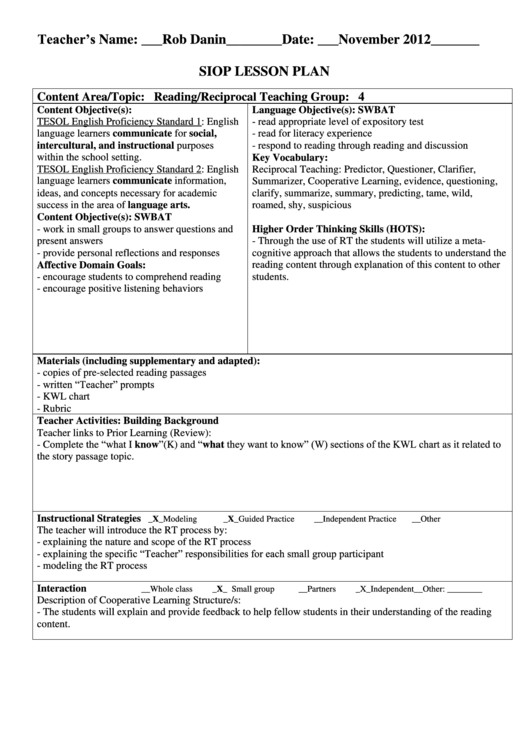 Siop Lesson Plan Examples Siop Lesson Plan Sample Reading Reciprocal Teaching