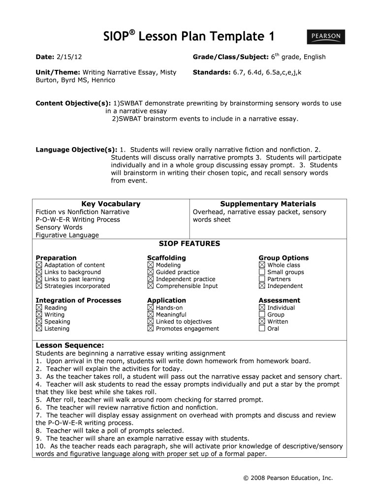 Siop Lesson Plan Examples Siop Lesson Plan Template Editable Fill Out and Sign