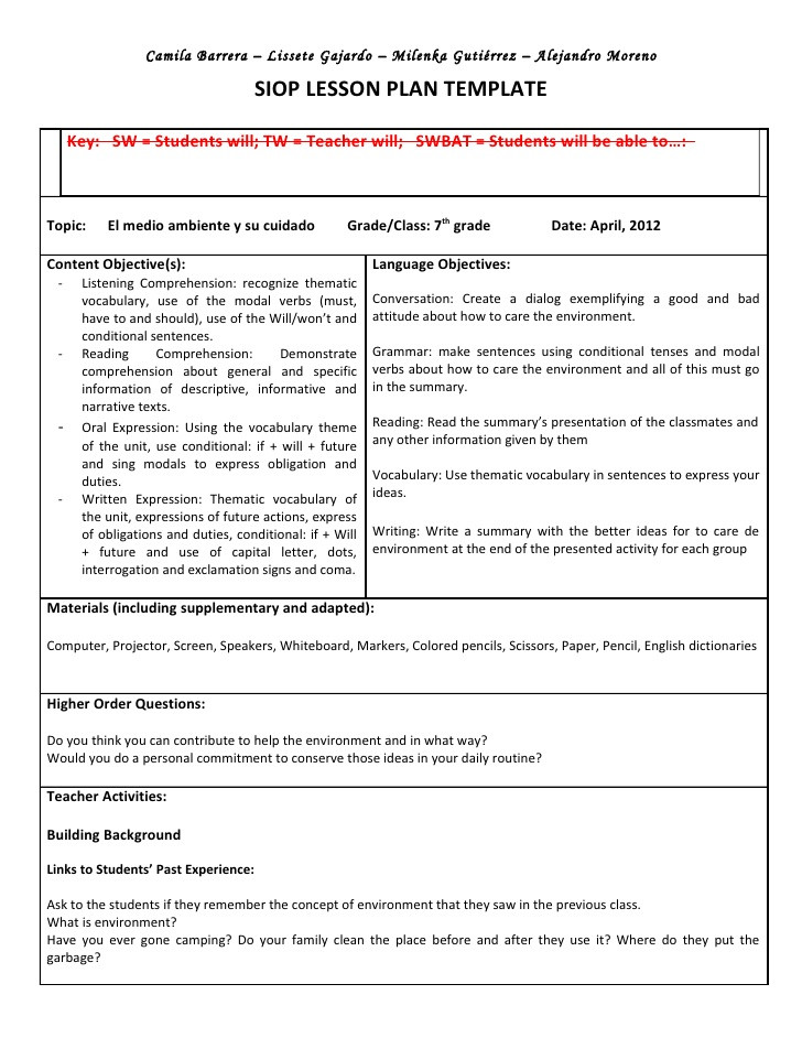 Siop Lesson Plan Examples Siop Unit Lesson Plan Template Sei Model