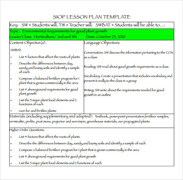 Siop Lesson Plan Free 9 Siop Lesson Plan Templates In Pdf