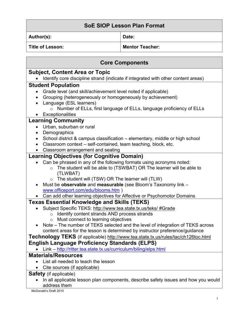 Siop Lesson Plan Siop Lesson Plan Guidelines