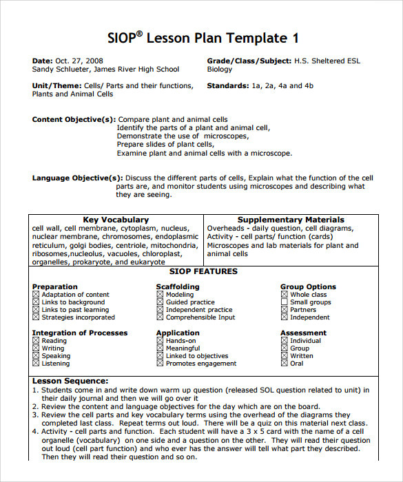 Siop Lesson Plan Template Free 9 Siop Lesson Plan Templates In Pdf