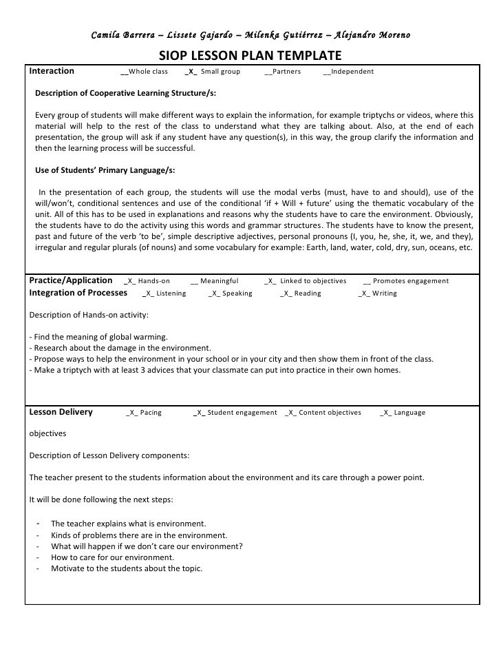 Siop Lesson Plan Template Sheltered Instruction Observation Protocol Patricia