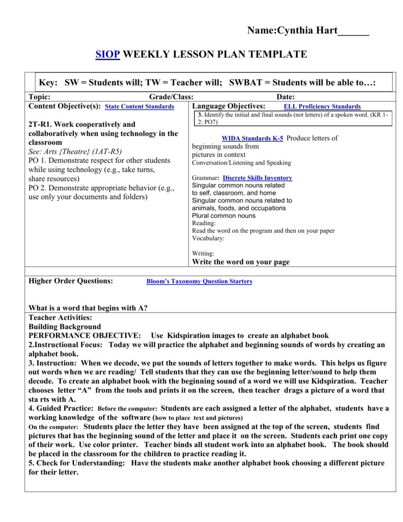 Siop Lesson Plan Template Siop Lesson Plan Template