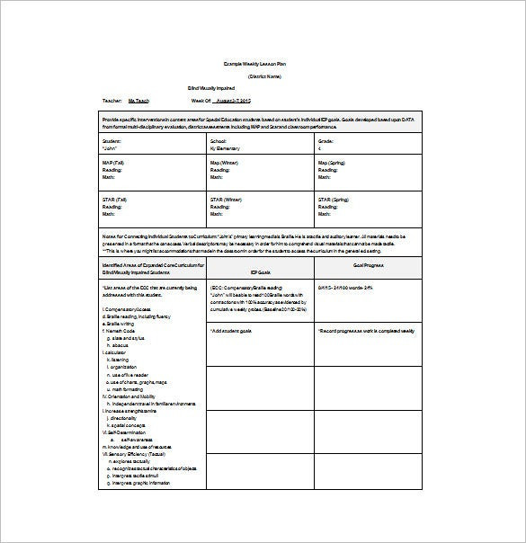 Special Education Lesson Plans Weekly Lesson Plan Template 11 Free Pdf Word format
