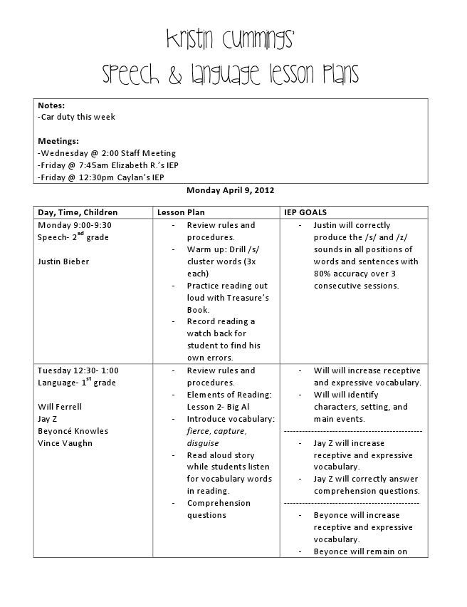 Speech therapy Lesson Plans &quot;principal Approved&quot; Quick and Easy Lesson Plan Sample