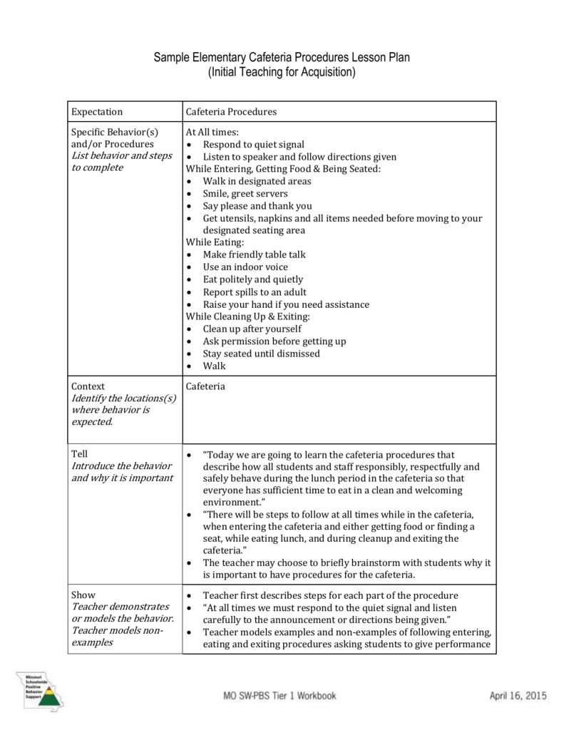 Steps Of Lesson Plan Sample Elementary Cafeteria Procedures Lesson Plan