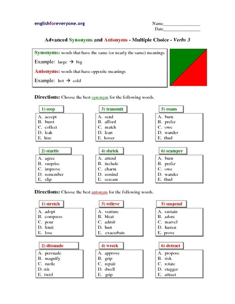 Synonyms Lesson Plan Advanced Synonyms and Antonyms Multiple Choice Verbs 3
