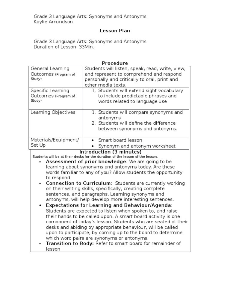 Synonyms Lesson Plan Lesson Plan Synonyms and Antonyms Worksheet