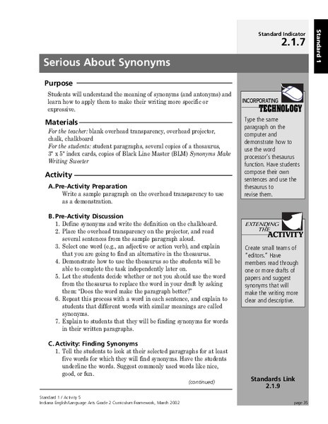 Synonyms Lesson Plan Serious About Synonyms Lesson Plan for 2nd 3rd Grade