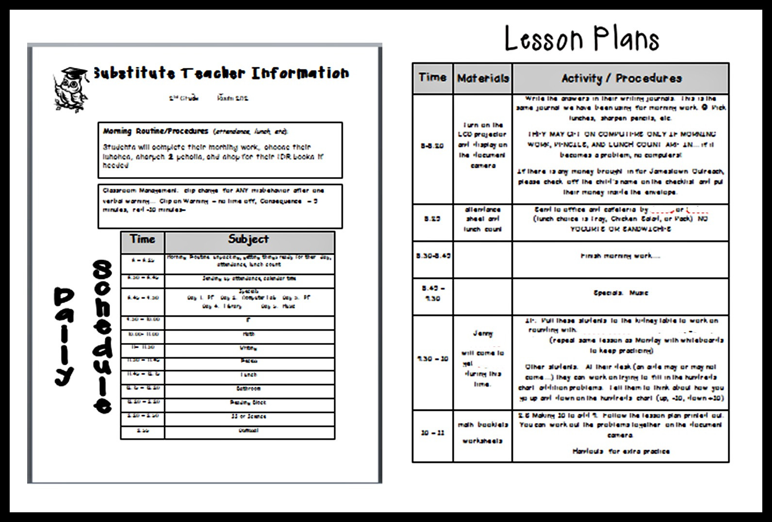 Teacher Lesson Plan Example Lesson Plan Template for Substitute Teacher – Printable