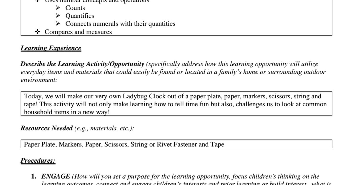 Teaching Strategies Gold Lesson Plans Ladybug Clock Learning Plan In 2020