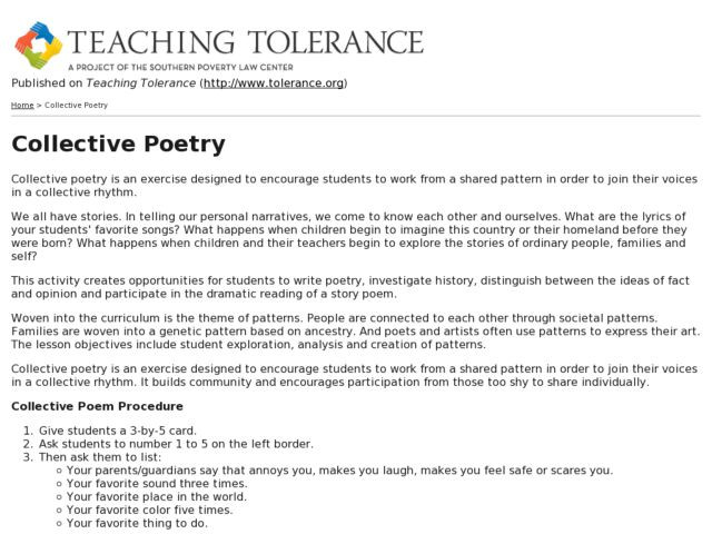 Teaching tolerance Lesson Plans Collective Poetry Teaching tolerance Lesson Plan for 2nd