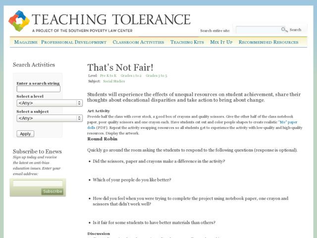 Teaching tolerance Lesson Plans Teaching tolerance that S Not Fair Lesson Plan for 5th