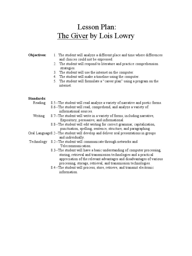 The Giver Lesson Plans Lesson Plan the Giver by Lois Lowry