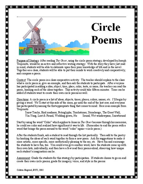 The Giver Lesson Plans the Giver Circle Poems Lesson Plan for 3rd 5th Grade