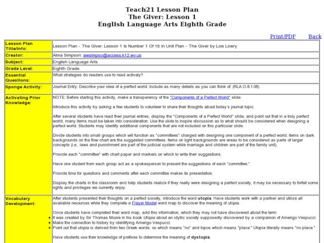 The Giver Lesson Plans the Giver Lesson 1 Lesson Plan for 6th 9th Grade