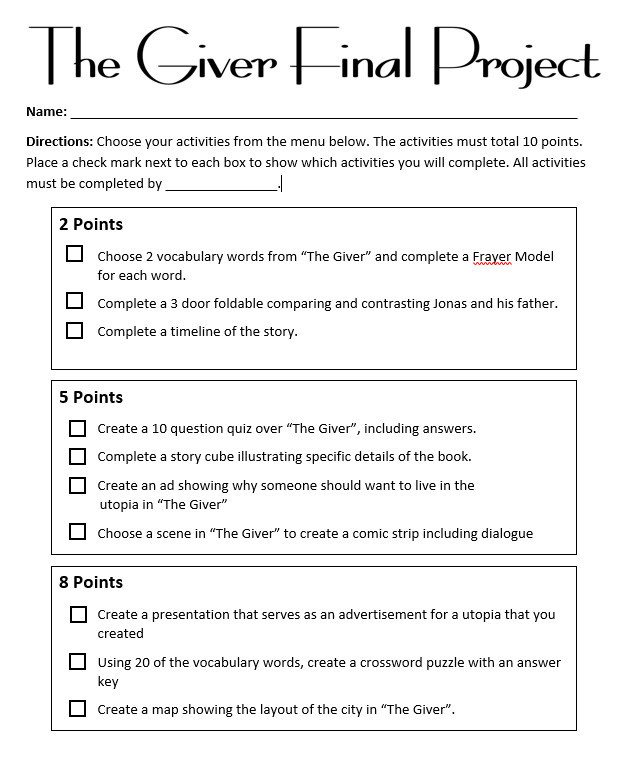 The Giver Lesson Plans the Giver Worksheets