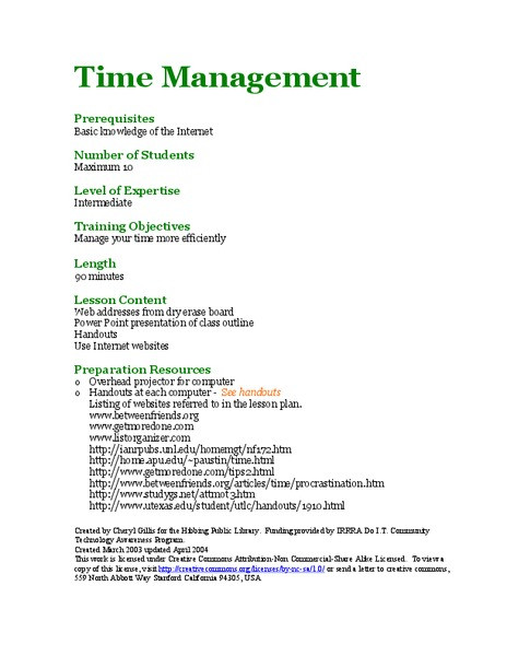 Time Management Lesson Plans Time Management Lesson Plan for Higher Ed