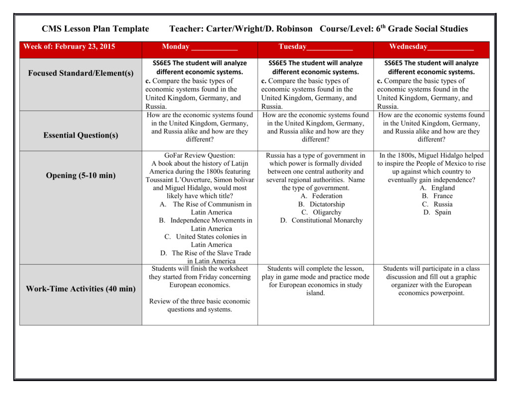 Types Of Lesson Plan 6th Grade Economics Worksheets