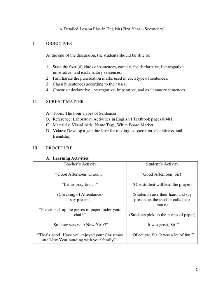 Types Of Lesson Plan A Detailed Lesson Plan In English
