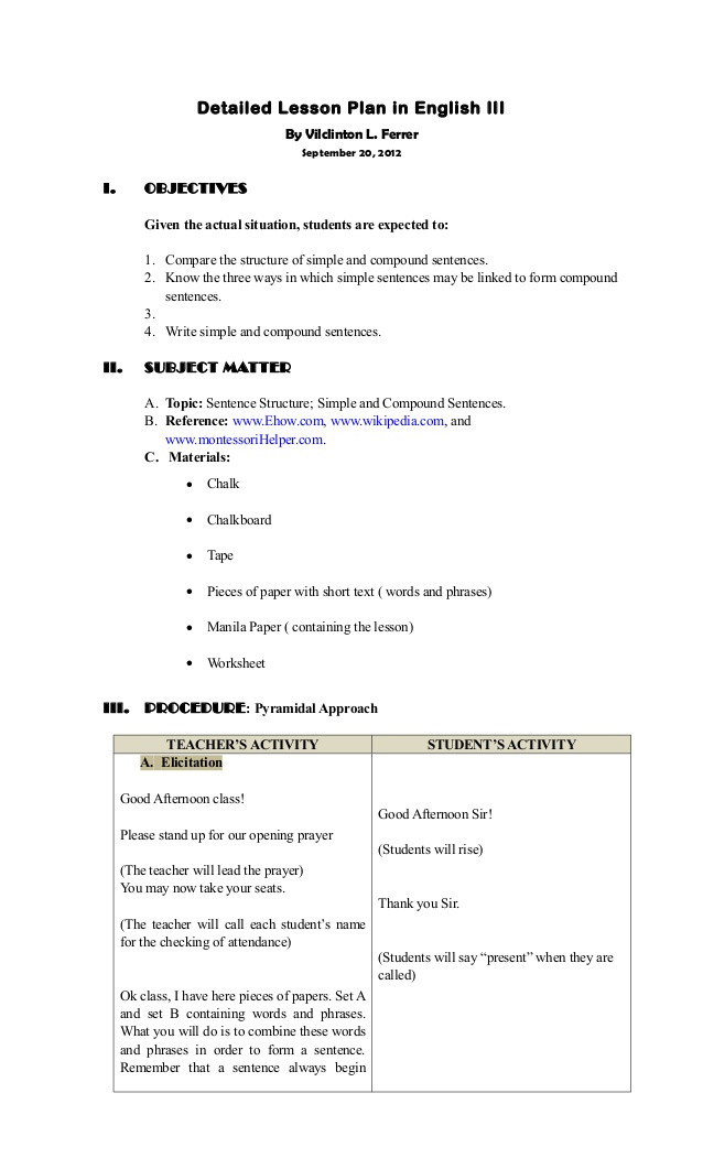 Types Of Lesson Plan Detailed Lesson Plan Sentence Structure Simple &amp; Pound