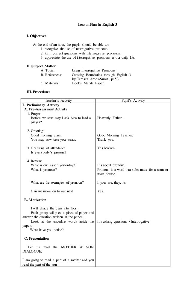 Types Of Lesson Plan Sample Detailed Lesson Plan In English for Elementary 40